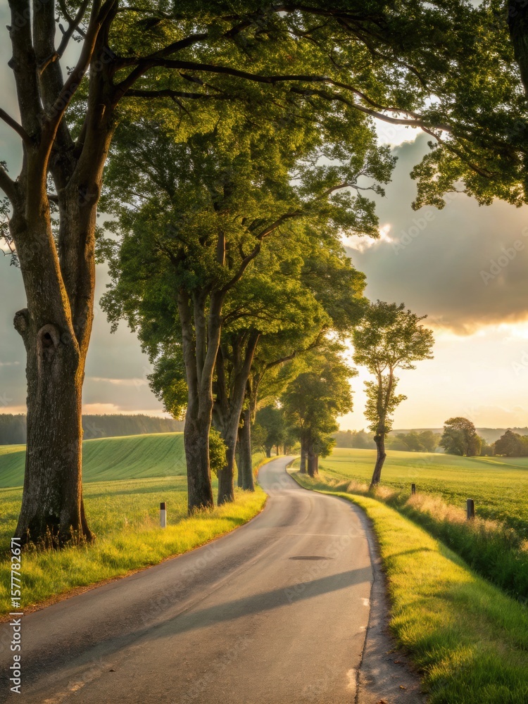 Scenic road winds through lush trees and open fields at sunset, creating a captivating, peaceful atmosphere. Scenic road winds through lush trees and open fields at sunset, creating a captivating, peaceful atmosphere.