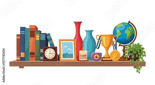 A colorful shelf decorated with books, clock, globe, picture frame, vases, awards. 