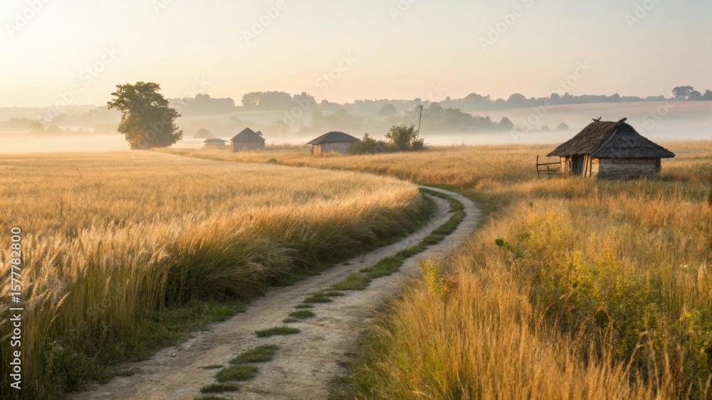 Fototapeta premium Ukrainian village scene presents a golden field, quaint houses, and a winding path at dawn
