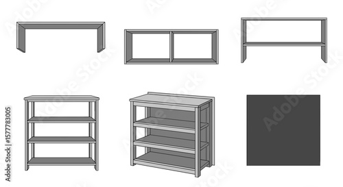 Variety of shelves in different styles. 