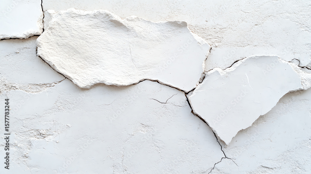 Obraz premium An abstract view of cracked, peeling white plaster on a wall, showcasing texture and patterns in weathered surfaces.