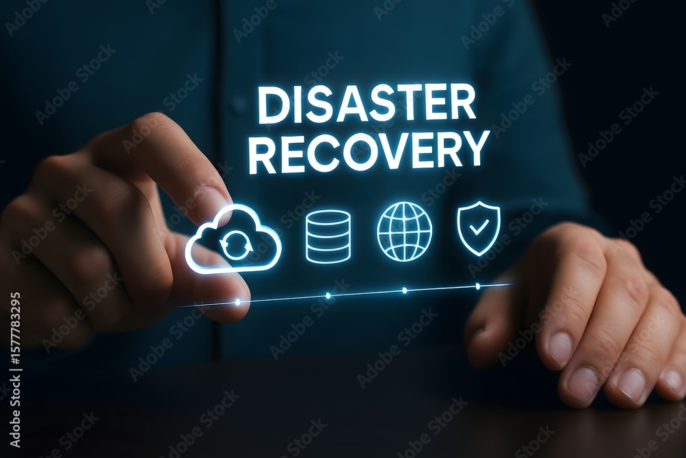 Fototapeta premium Digital disaster recovery and data protection strategy with cloud icons
