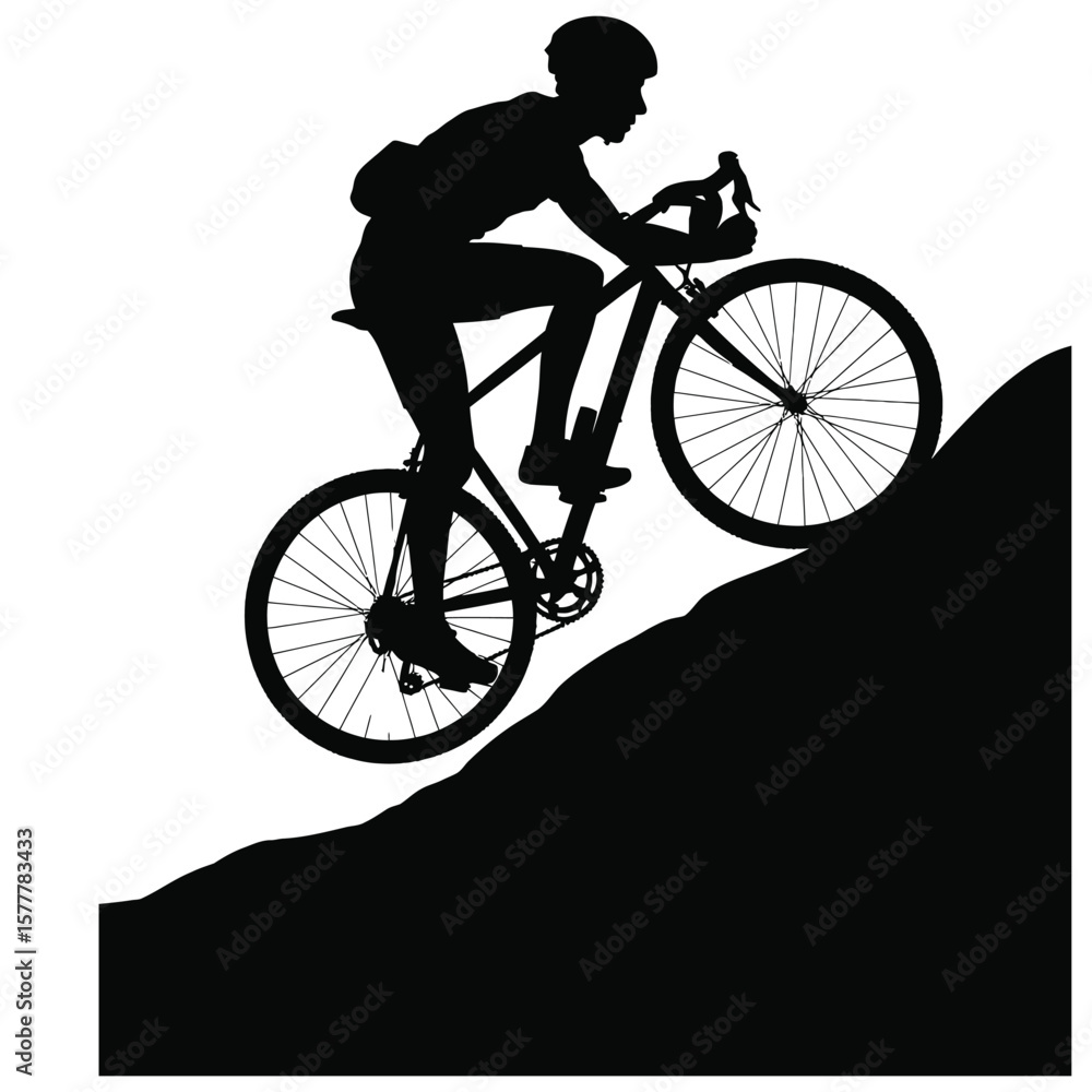 Fototapeta premium Silhouette vector art of a cyclist climbing a mountain, isolated in black and white with dynamic motion