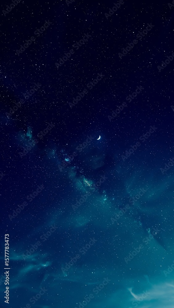 Fototapeta premium Vast starry night sky with crescent moon and milky way galaxy