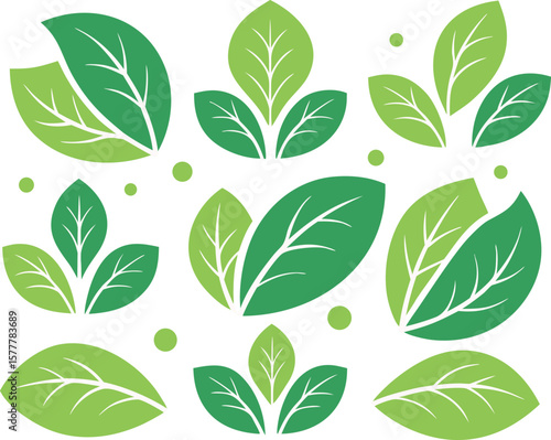 Set of nine green leaf icons representing nature and organic concepts with clean design perfect for eco friendly branding and healthy living themes