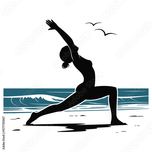 Silhouette vector art of a person in a yoga pose on the beach, isolated in black and white minimal style
