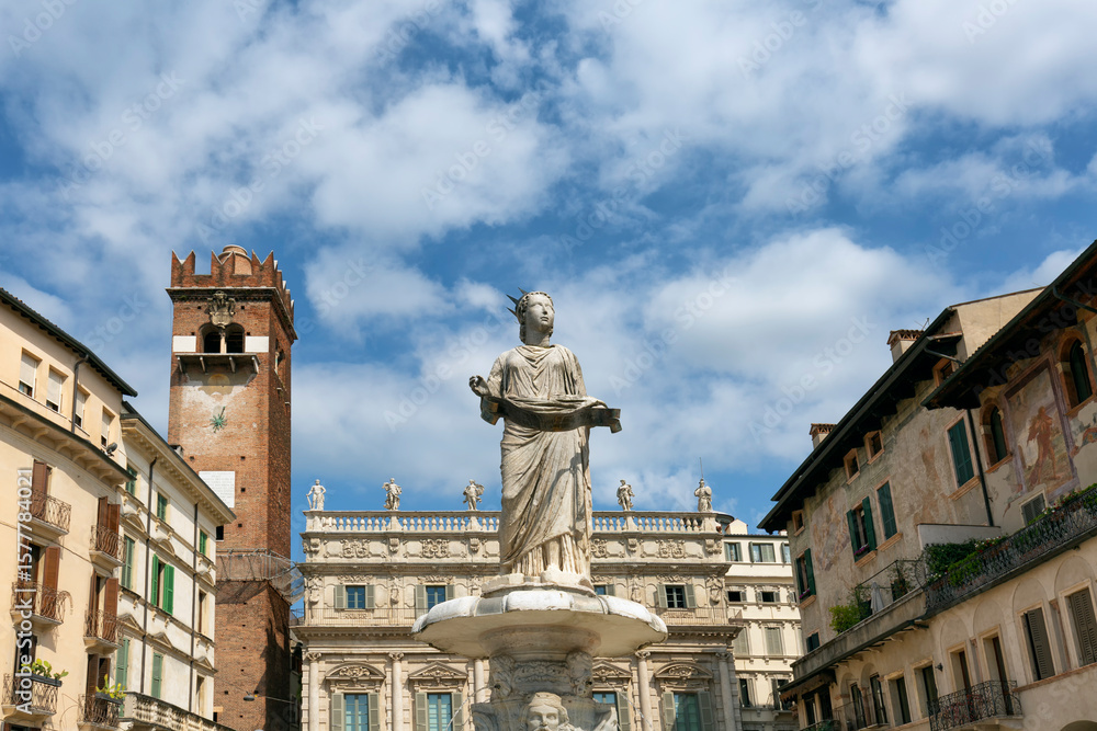 Fototapeta premium View on Piazza delle Erbe is a square in Verona and fountain Madonna Verona, northern Italy.