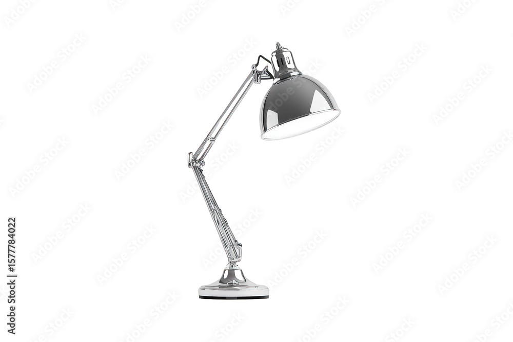 Obraz premium Modern chrome desk lamp with adjustable arm and bright shade in interior workspace