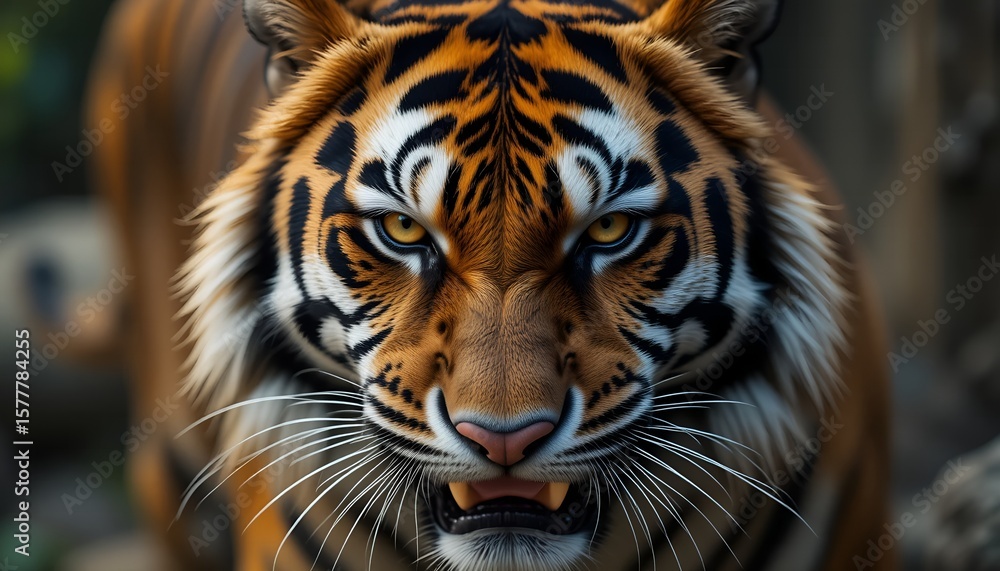 Fototapeta premium An intense close-up shot of a wild tiger showing its fierceness and raw power, perfect for nature lovers.