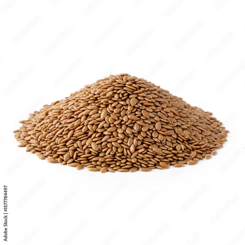 Obraz premium Golden Brown Flax Seeds Piled in 3/4 Angle View on White