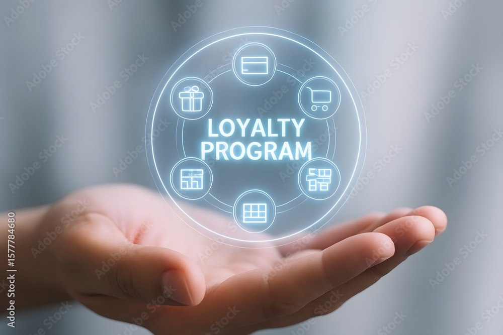 Fototapeta premium Customer loyalty program concept displayed on a hand with digital icons