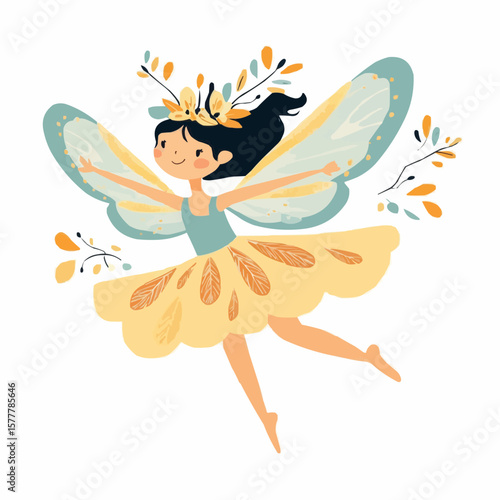 Naive fairy dancer with elegant wings and dress, symbolizing movement and wonder, great for fairy tale themed posters or dreamy storytelling visuals
