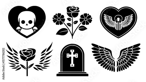 Vector glyph icons set: newborn baby, beating heart, blooming flower, skull, tombstone, and angel wings—each in black silhouette, symbolizing God's authority over the cycle of life and death.

