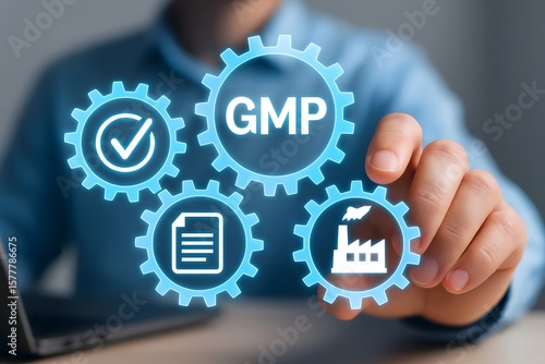 Man interacts with glowing gmp gears representing quality control and manufacturing processes