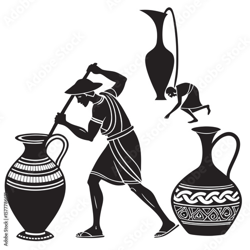 Ancient Greek pottery and figures vase amphora