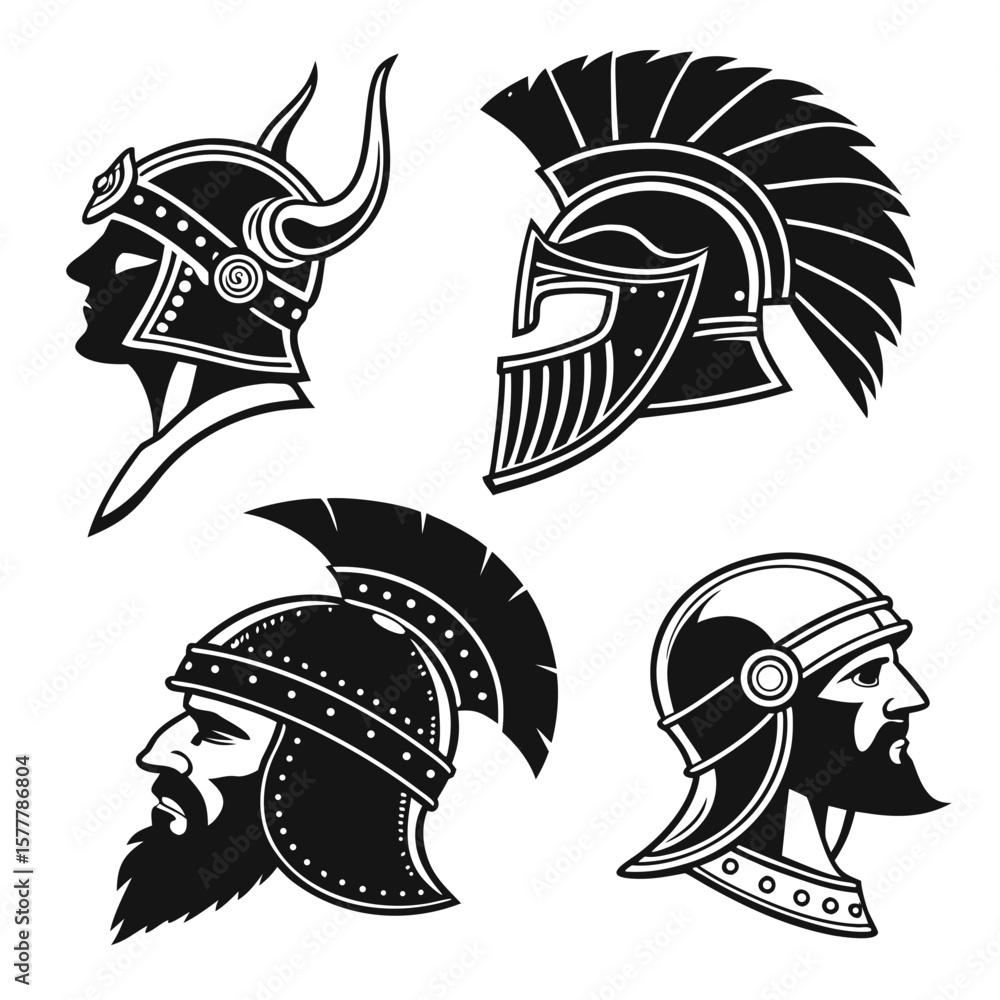 Obraz premium Ancient warrior helmets profile collection viking