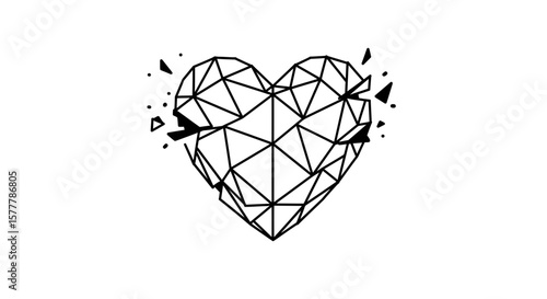 Geometric heart with shattered edges in black and white illustration