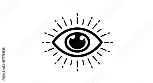Stylized eye with radiating lines in black and white simple design