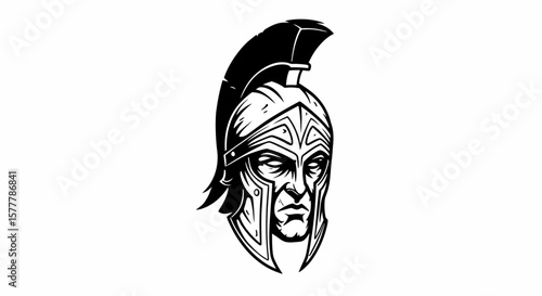 Illustration of a spartan warrior head with helmet in black and white