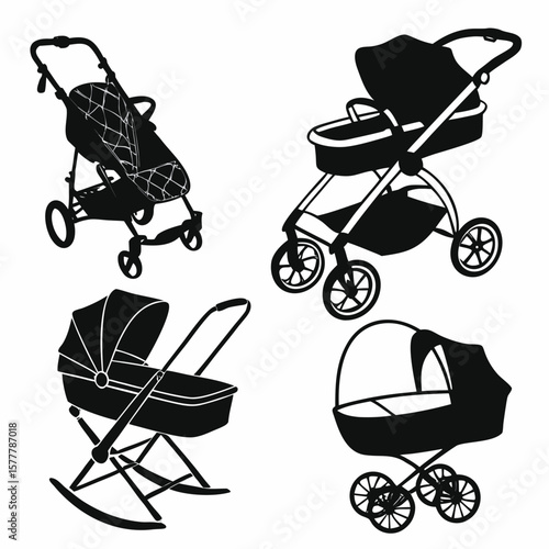 Baby strollers and cradles silhouettes black white