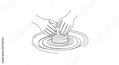 Illustration of hands shaping clay on a pottery wheel with line art