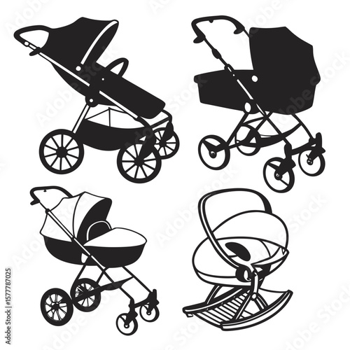 Baby strollers and cradles silhouettes transport