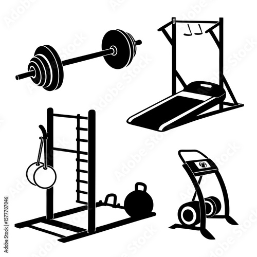 Barbell pullup bar kettlebell gymnastics rings treadmill