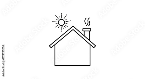 Outline of a house with a chimney emitting smoke and a shining sun above