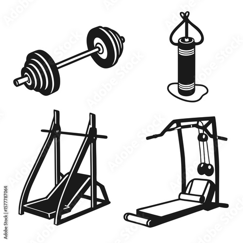 Barbell weight machine punching bag treadmill vector