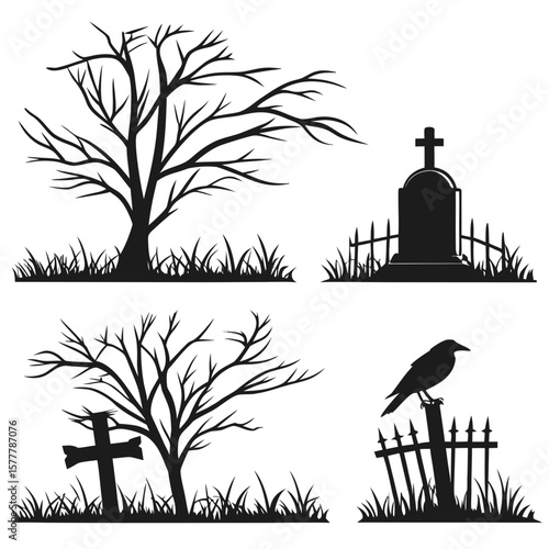 Bare trees gravestones and crow cemetery scene graveyard