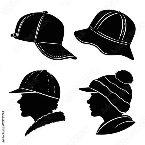 Baseball cap and winter hat silhouettes beanie black and white