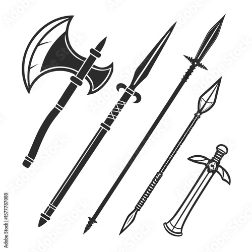 Battle weapons collection axe spear sword mace battle axe
