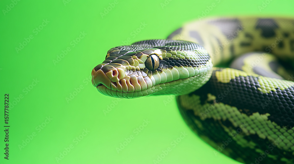 Fototapeta premium Close-up of a vibrant green python coiled against a bright green background, showcasing its scales