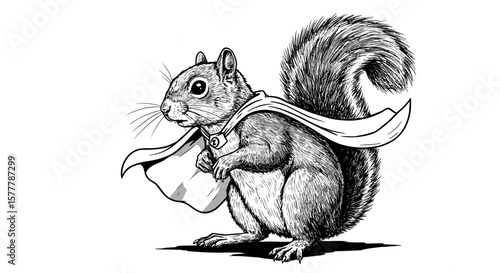 Illustration of a squirrel wearing a cape and a superhero emblem neckwear