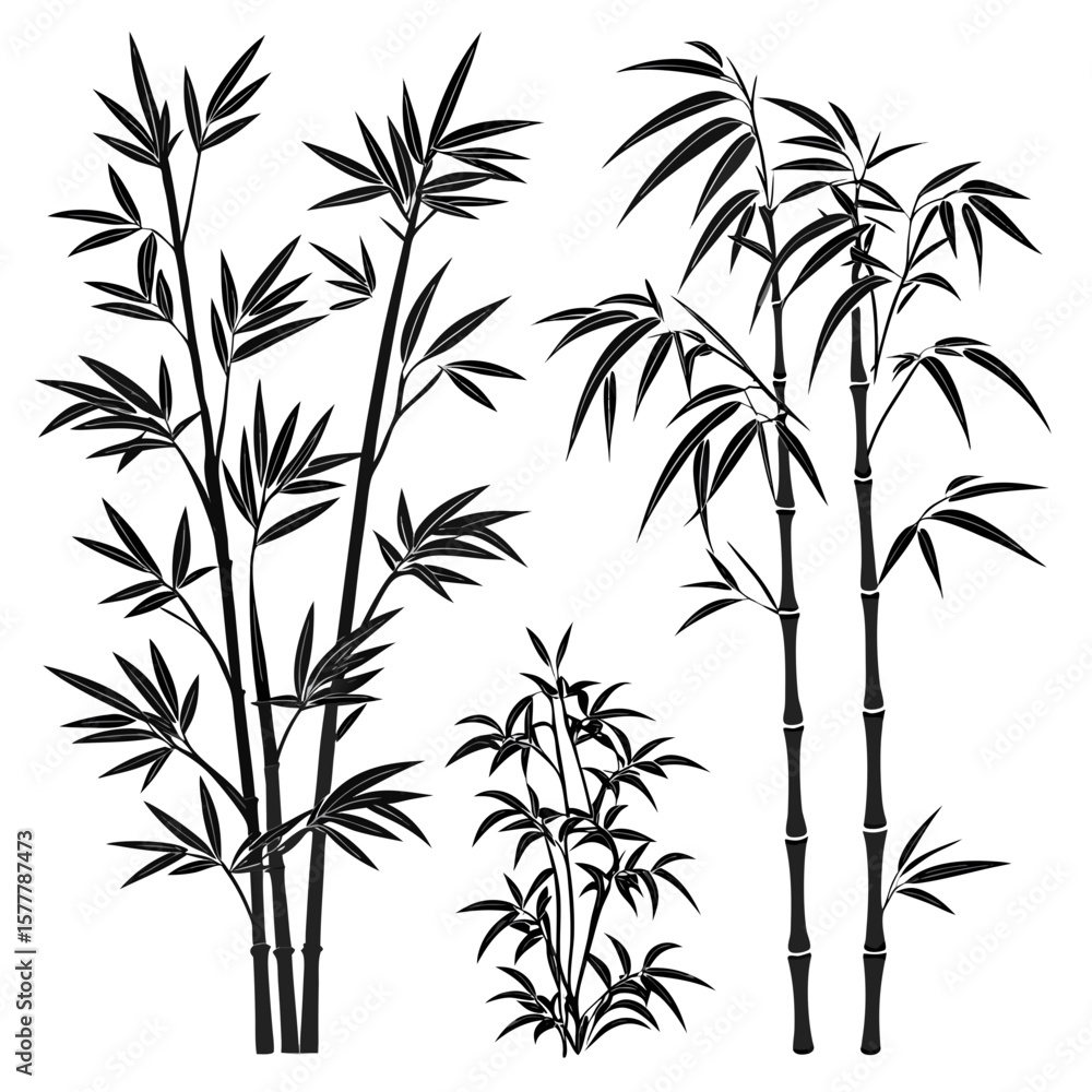 Naklejka premium Black bamboo plants with leaves silhouette