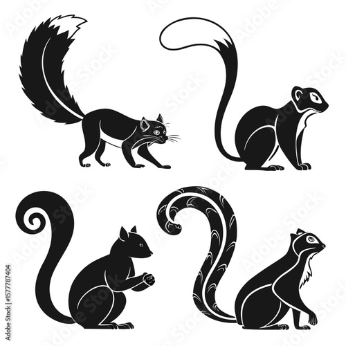 Black animal silhouettes with bushy tails squirrel