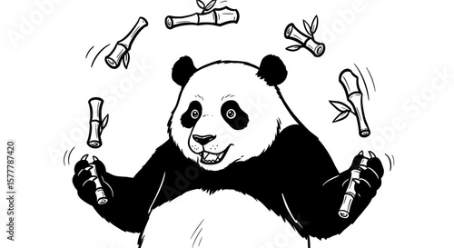 A panda bear juggling bamboo sticks in a playful and skillful manner
