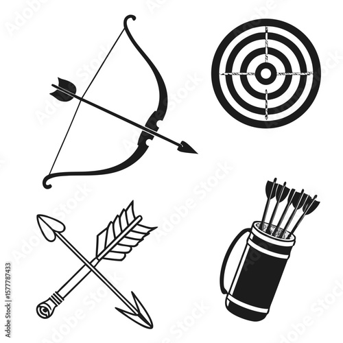 Black archery equipment icons bow arrow target quiver