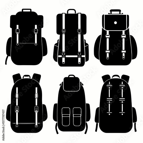 Black backpack silhouettes with straps and buckles