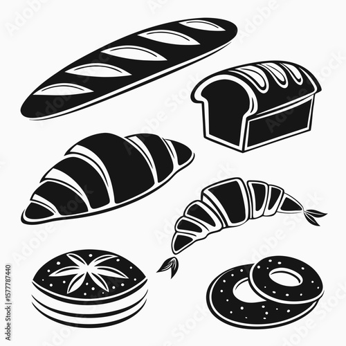 Black bakery product silhouettes loaf croissant bagel