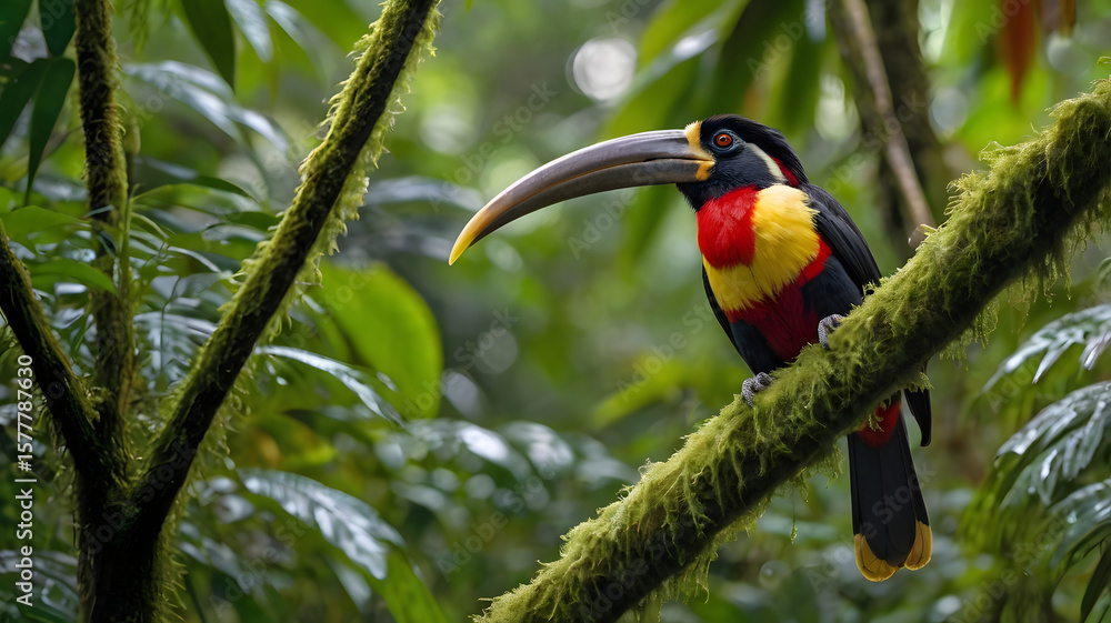 Naklejka premium A Collared Aracari perches on a thick moss-draped branch high in the tropical rainforest canopy