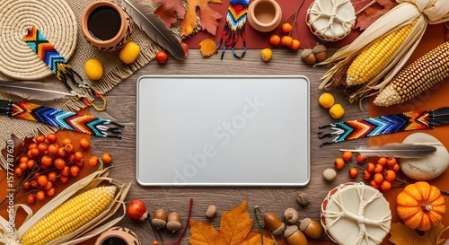 Indigenous Peoples’ Day Flat Lay with Blank White Center Surrounded by Corn, Pottery, Feathers, Beads, Pumpkins, Acorns, Leaves and Woven Bracelets – Cultural Heritage Celebration Mockup
