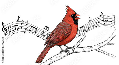 Red cardinal singing on a branch with musical notes in the background