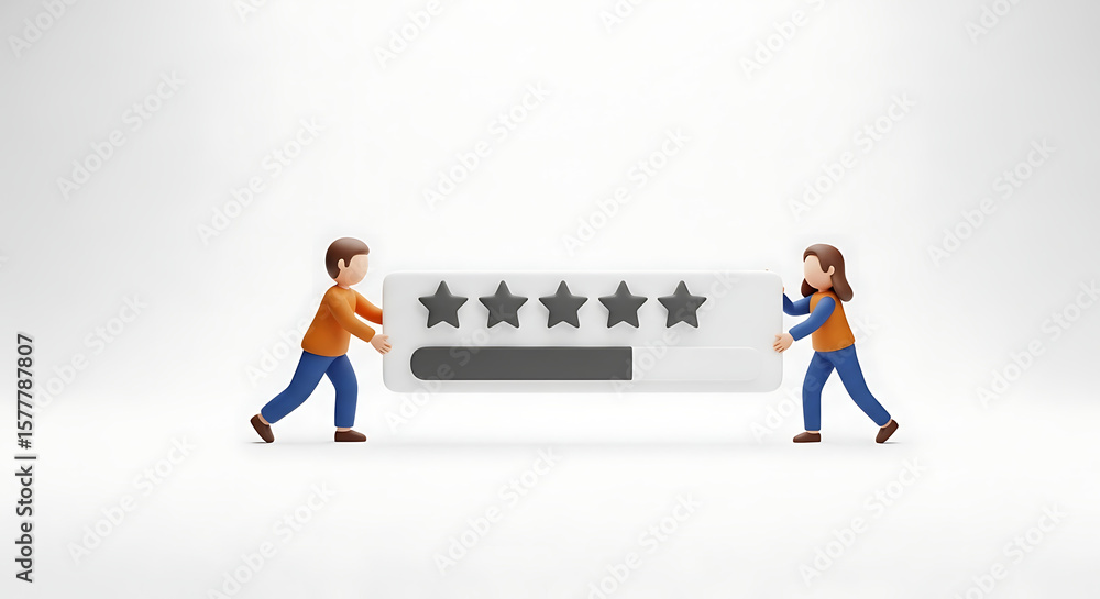 Fototapeta premium Two cartoon figures holding a large rating scale with five stars, representing customer feedback.