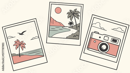 Retro polaroid travel photo album with beach vacation, camera, and palm trees summer memories aesthetic
