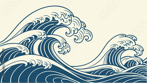 Japanese wave art vector illustration vintage ocean sea graphic design oriental style tsunami kanagawa surf 100char