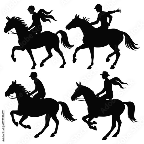 Black horse riders in dynamic poses horse riding equestrian