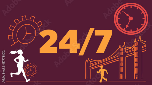 Explore the concept of twenty four seven service with running figures and bridge illustration vector art