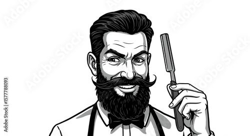 A confident barber with a beard holding a straight razor in his hand