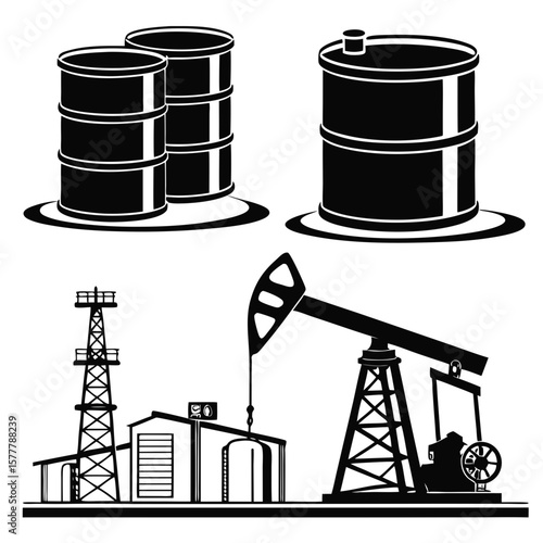 Black oil barrels and drilling rig silhouettes pipeline